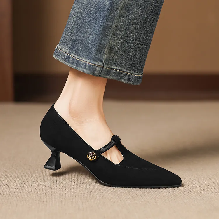 羊皮~5cm气质法式尖头浅口山茶花丁字带粗跟通勤优雅真皮软底单鞋