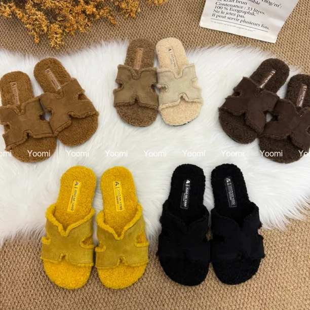 韩版法式小香风平底软底毛毛拖鞋女外穿秋冬一字拖居家毛绒棉拖潮