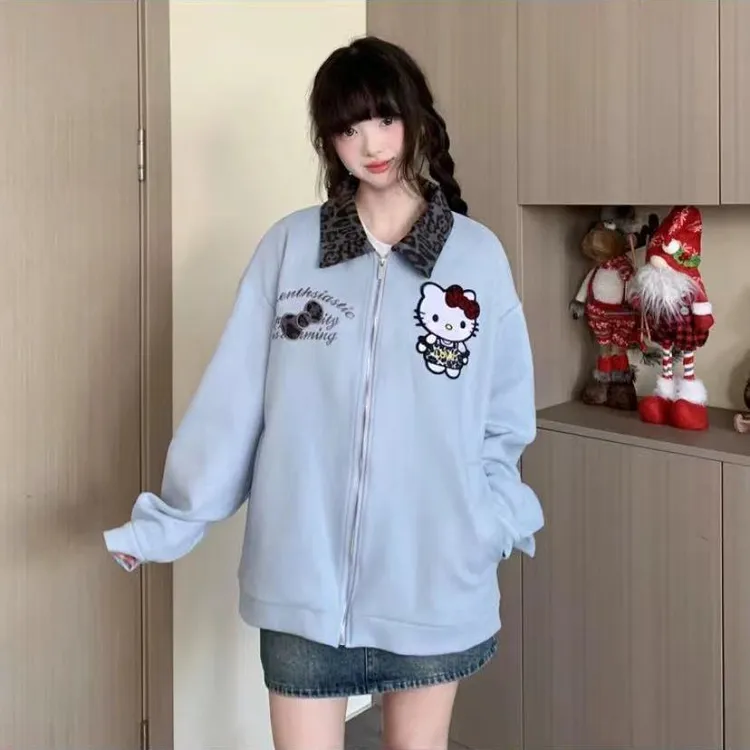 春季新款2025绒感豹纹翻领凯蒂猫拼接外套刺绣夹克潮流情侣