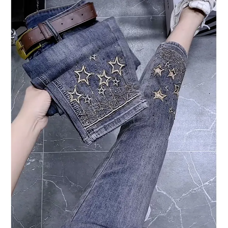 2025夏季新款重工烫钻刺绣镂空牛仔裤女薄款显瘦高腰直筒烟管裤潮
