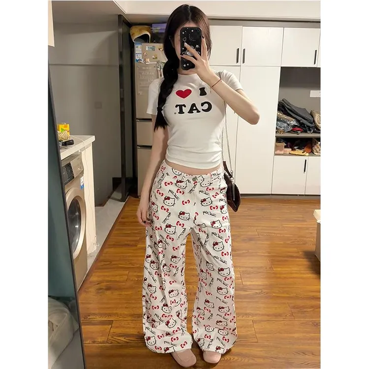 慵懒风休闲 裤女春季满印HelloKitty白色宽裤宽松显瘦直筒拖地裤