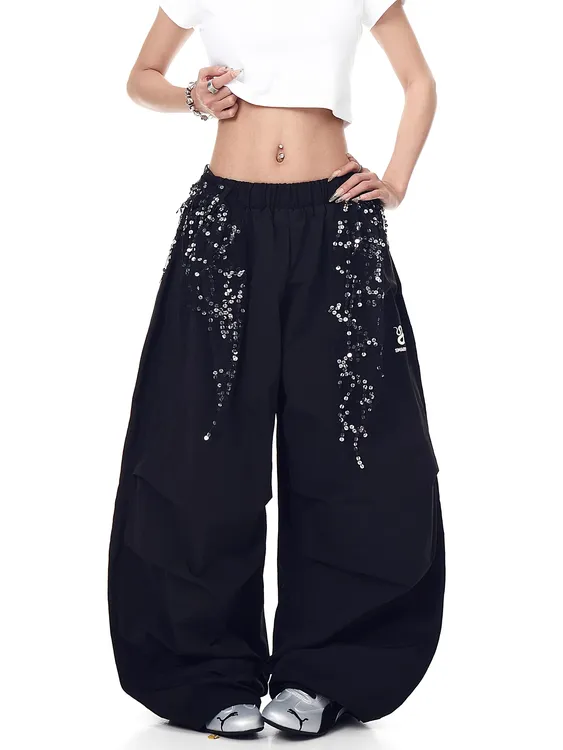 噗入PuRu美式复古亮片屁帘设计感褶皱伞兵裤女款爵士舞弯刀阔腿裤