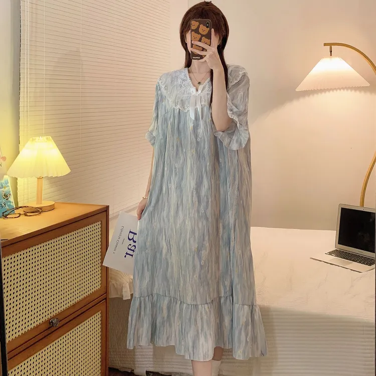 带胸垫睡裙女夏季蓝色高级感短袖蝴蝶结睡裙甜美休闲