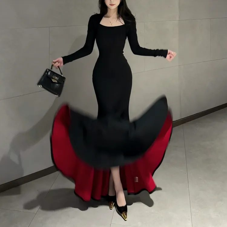 【红底加厚复合绒】秋冬步步生莲方领显瘦百搭包臀鱼尾裙气质长裙