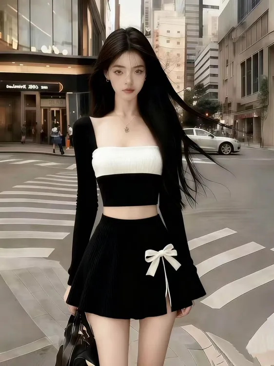 新款时尚少女风撞色方领长袖短款上衣+黑色小众设计半身裙两件套