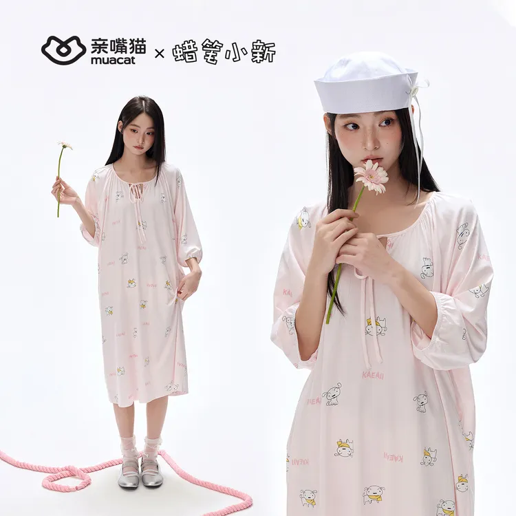 亲嘴猫蜡笔小新莫代尔棉可外穿少女感减龄中长款睡衣家居服睡裙夏