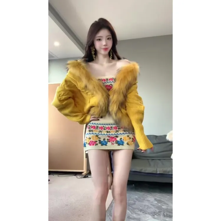 韩系气质毛领针织毛衣外套女装秋冬季慵懒风费尔岛针织紧身包臀裙
