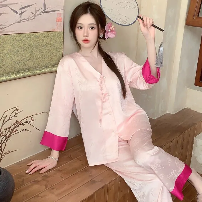 新中式冰丝睡衣女夏款高级感国风女士家居服春秋季长袖长裤可外穿