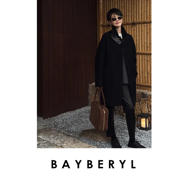 CC12-BAYBERYL老贝小夜曲*拼皮立领单排扣冬黑色毛呢大衣MF5I2301