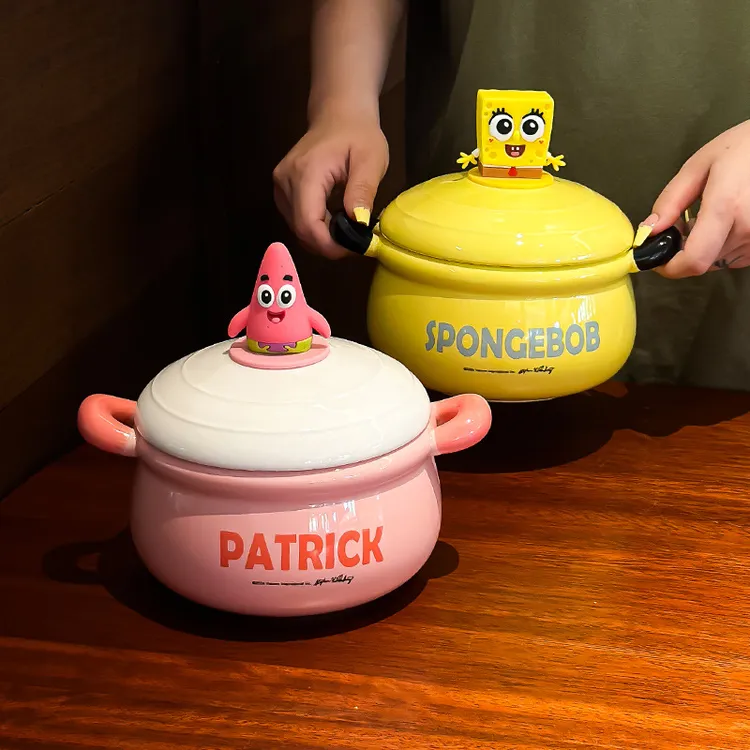 海绵宝宝泡面碗带盖海绵宝宝陶瓷带手柄大容量学生专用2025新款