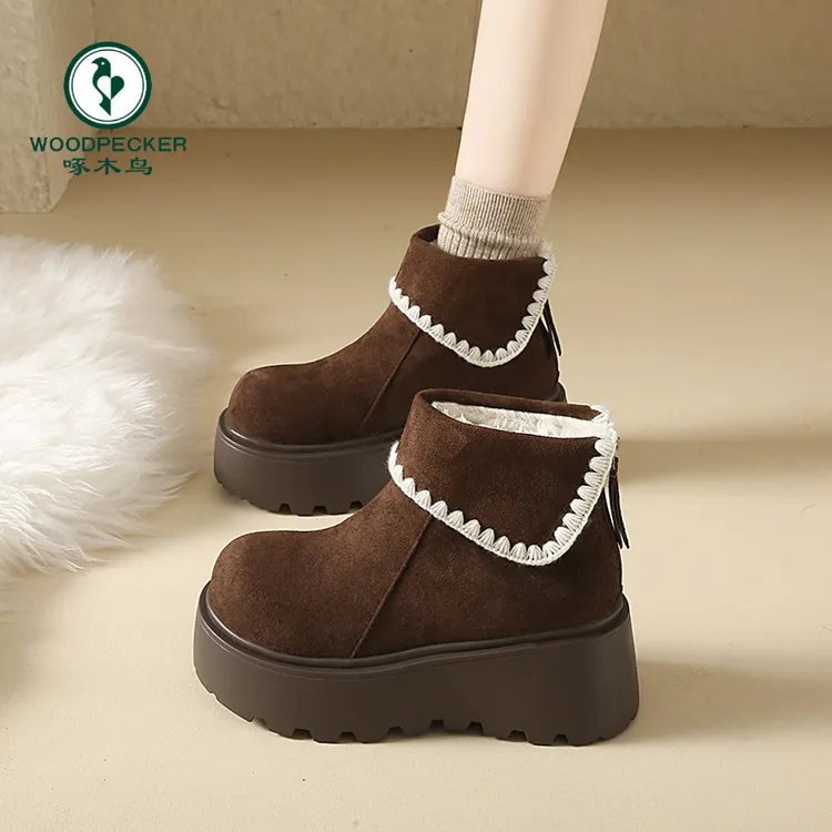 啄木鸟厚底短靴女款秋冬加绒加厚雪地靴2025新款软底防滑保暖棉鞋