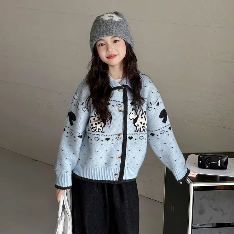 女童小翻领洋气撞色毛衣开衫外套秋冬装中大童时尚百搭针织衫上衣