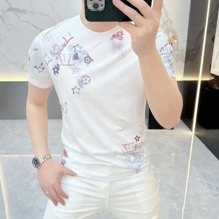 2025夏季潮牌欧货网红字母印花丝光棉短袖T恤男休闲修身弹力舒适T