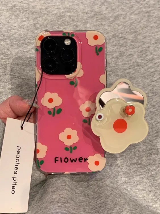 ins玫红小花朵镜子适用苹果16Promax手机壳vivo华为oppo小米15女
