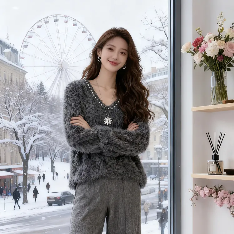 冬季新款大码女装时尚百搭毛茸茸休闲显瘦上衣