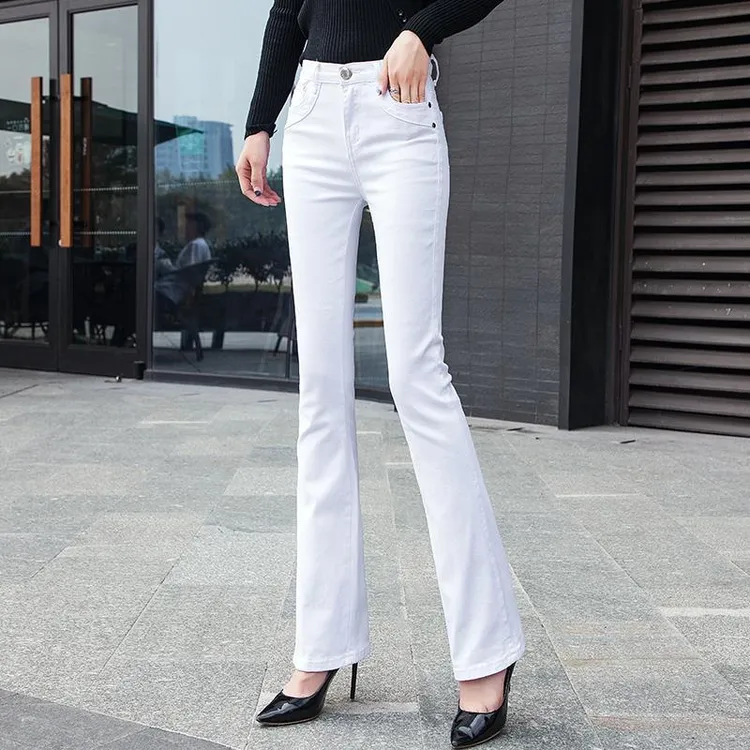 白色裤子微喇牛仔裤女士2025秋季爆款高腰胖mm显瘦大码女款裤子女