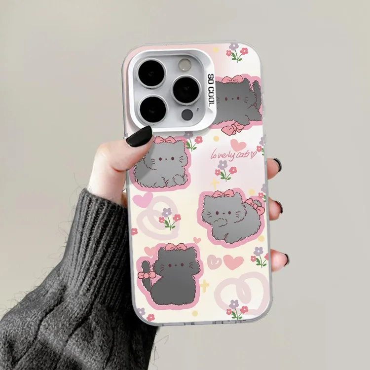 可爱镂空粉猫咪适用苹果17/16磨砂彩银手机壳华为P70vivo小米oppo