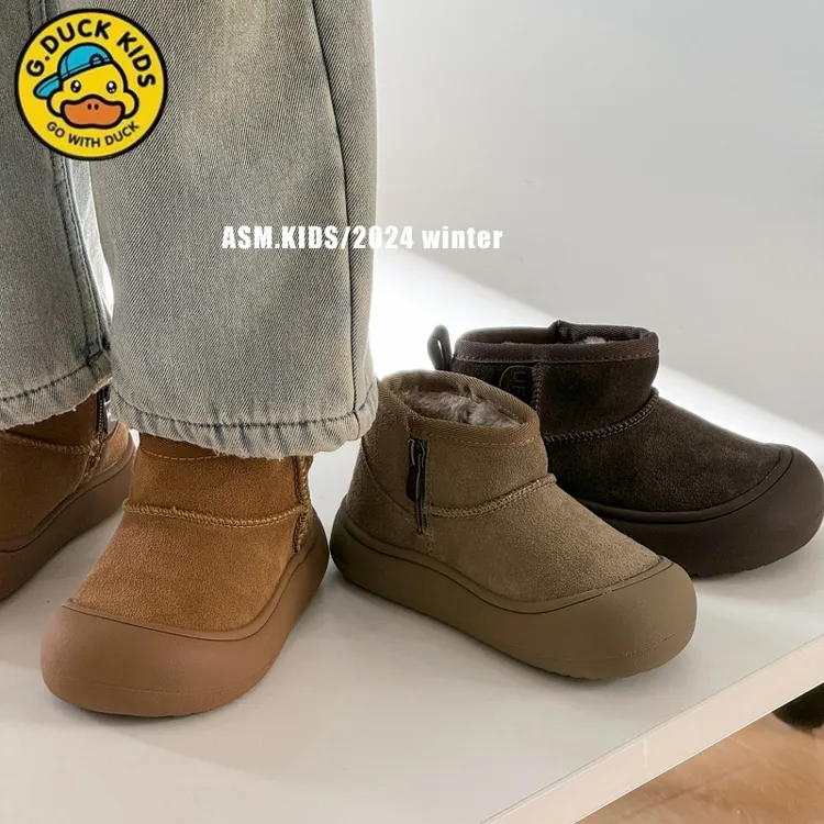 小黄鸭雪地靴2025冬季新款男童棉靴女童加厚防踢真皮短靴保暖棉靴