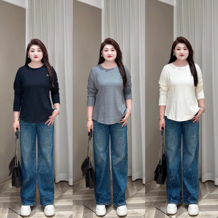 【上新上衣】PMM82103早秋新款百搭显瘦圆领打底纯色上衣大码女装