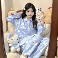 带胸垫ins风韩系甜美卡通翻领春秋女款家居服睡衣套装