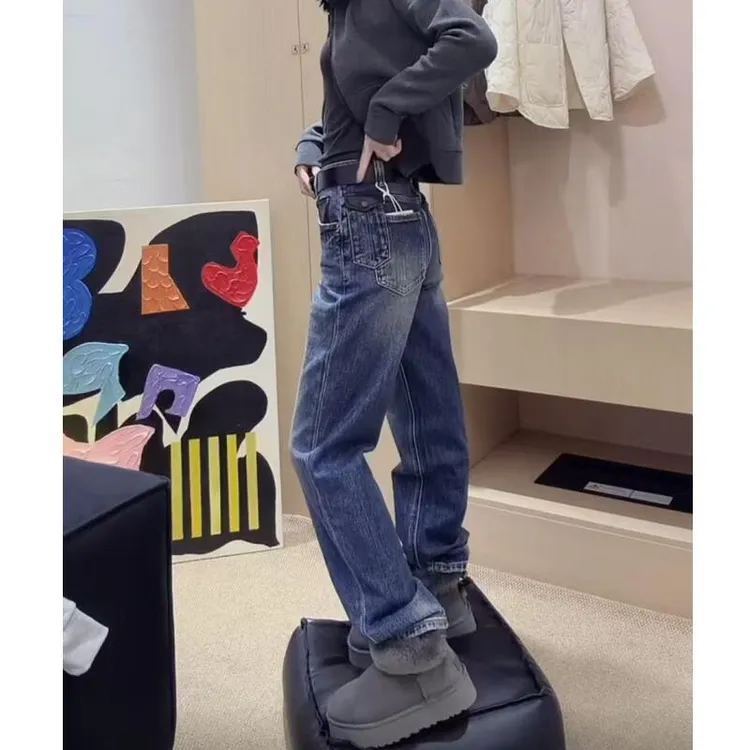 梨形身材高腰直筒牛仔裤女款秋冬新款加绒加厚减龄显瘦窄版阔腿裤