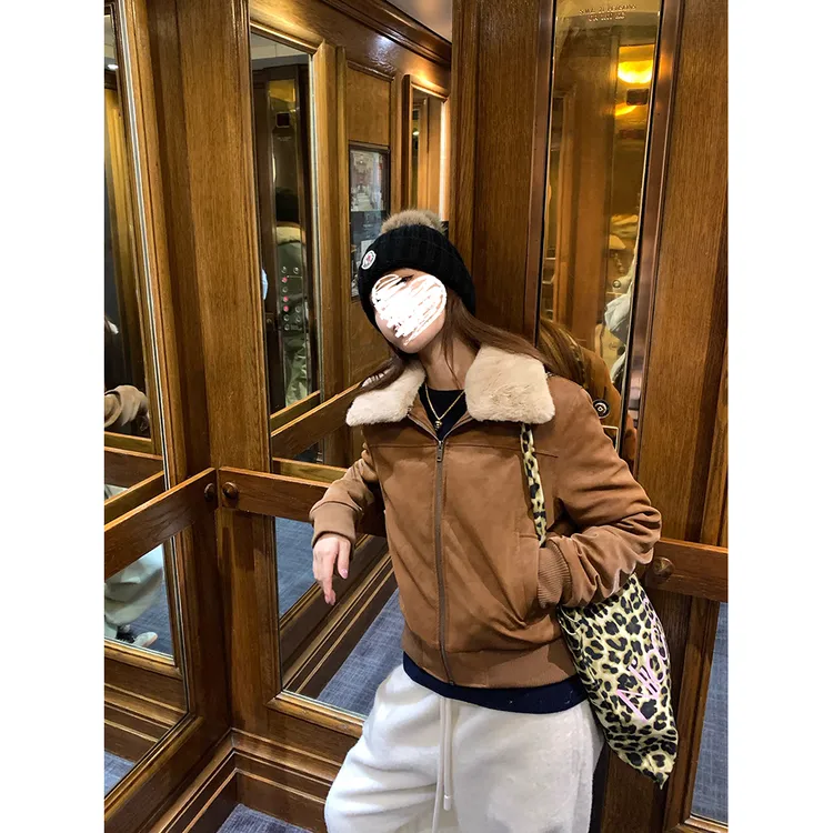 复古咖色可拆毛领休闲夹克外套女冬季上衣 61295