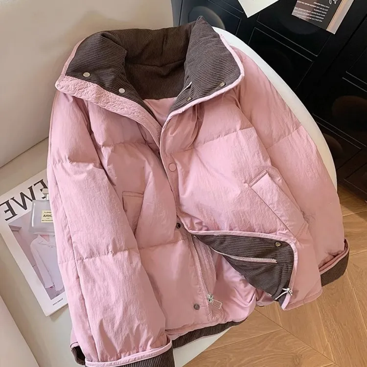 高级感灯芯绒撞色拼接立领棉服女2025秋冬季韩系加厚保暖夹棉外套