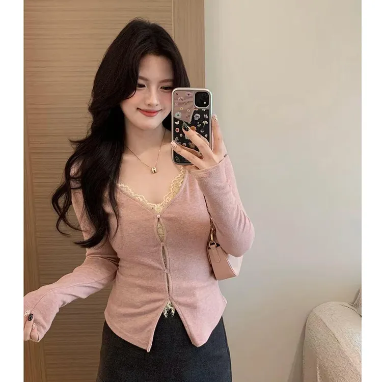 【9200】大码胖mm纯欲镂空蕾丝假两件长袖T恤女秋季收腰显瘦上衣