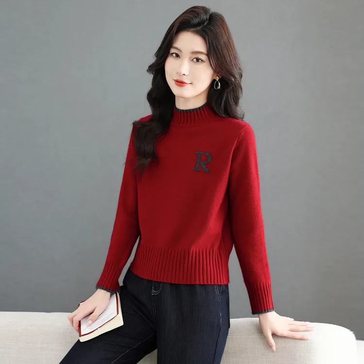 小个子半高领短款毛衣女士针织打底衫秋冬装2025新款红色高腰上衣