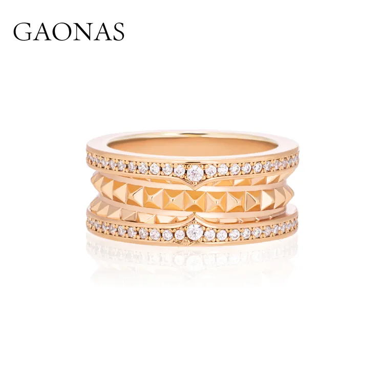 铜合金合成锆石戒指 GAONAS 镀K金合成锆石戒指 时尚菱格纹金色戒