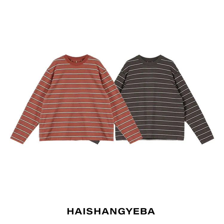 【海上叶爸】新款2025秋冬百搭棉圆领套头条纹长袖休闲T恤