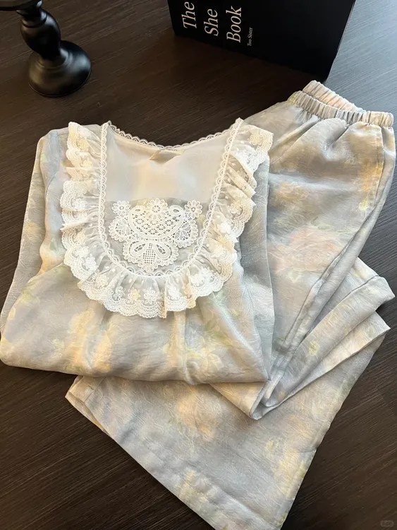 法式少女宫廷风蕾丝花边长袖睡衣女春秋新款高级感甜美家居服套装