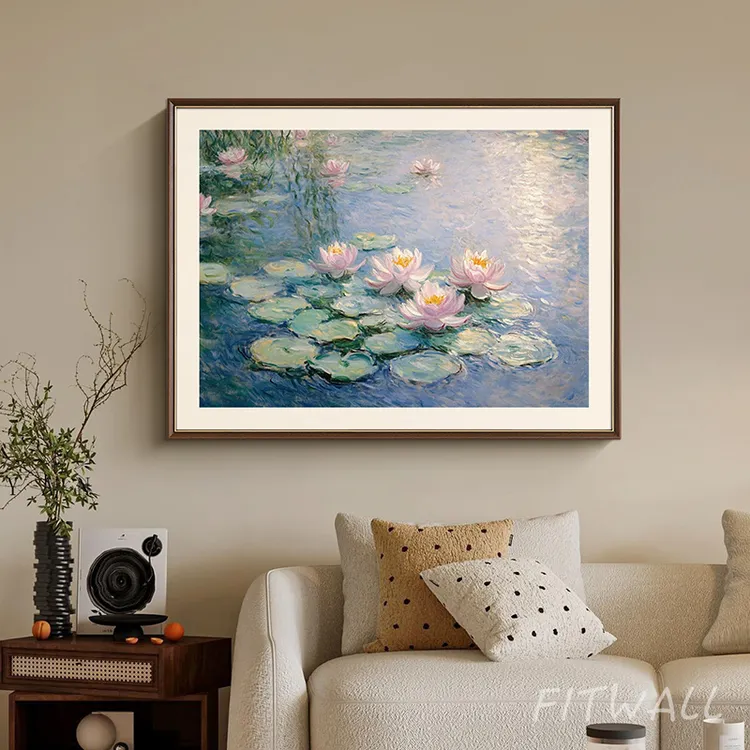 名画莫奈睡莲手绘油画中古风客厅装饰画组合画高级感卧室床头挂画