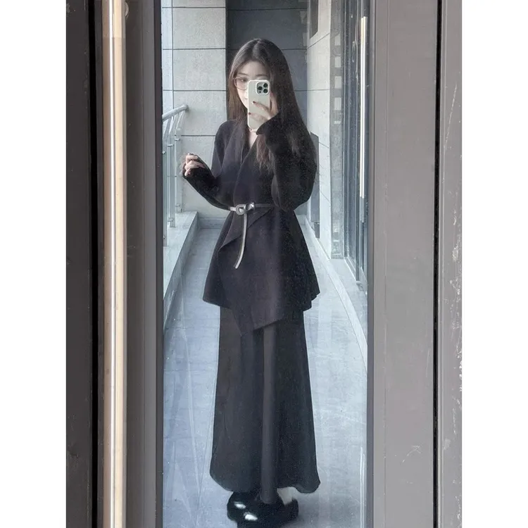 秋装搭配一整套大码微胖mm黑色翻领针织毛衣外套韩系时尚套装裙女