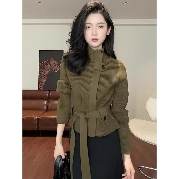 ZOUYASHFA 复古绿色立领系带长袖毛衣开衫外套秋冬收腰上衣小个子