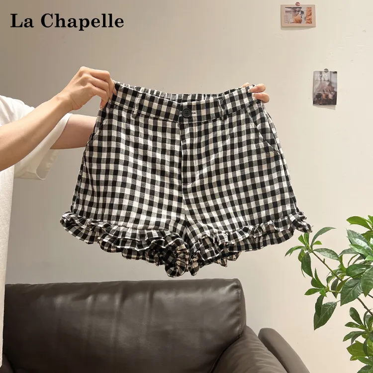 拉夏贝尔高腰百搭格子短裤女夏季休闲显瘦木耳边直筒宽松阔腿短裤