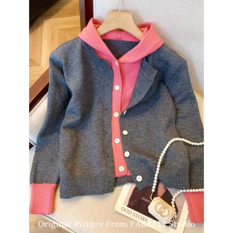 韩系撞色假两件连帽开衫女秋冬慵懒高级感针织帽衫软糯外套