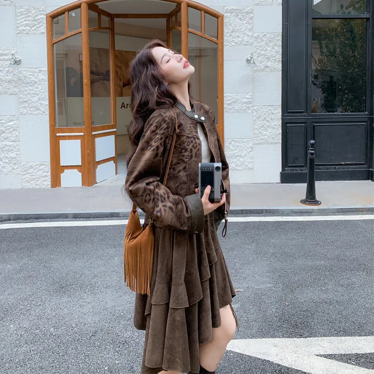 复古废土风套装裙2025春秋新款美拉德豹纹皮衣不规则麂皮绒半身裙