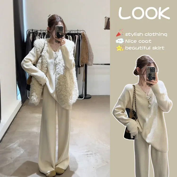 小香风毛衣套装穿搭女2025新款V领打底衫毛绒马甲休闲裤三件套潮