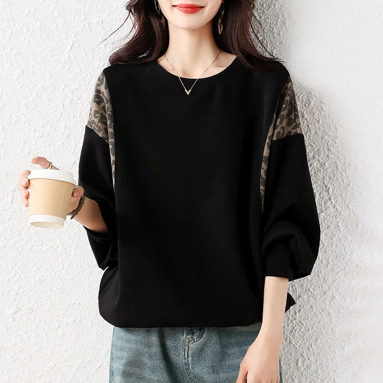 【女神新衣】秋季新款时尚洋气宽松显瘦圆领百搭拼色豹纹休闲卫衣