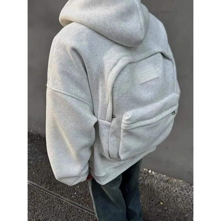 男装春季新款潮牌时尚百搭休闲连帽卫衣后背书包设计感男上衣灰男