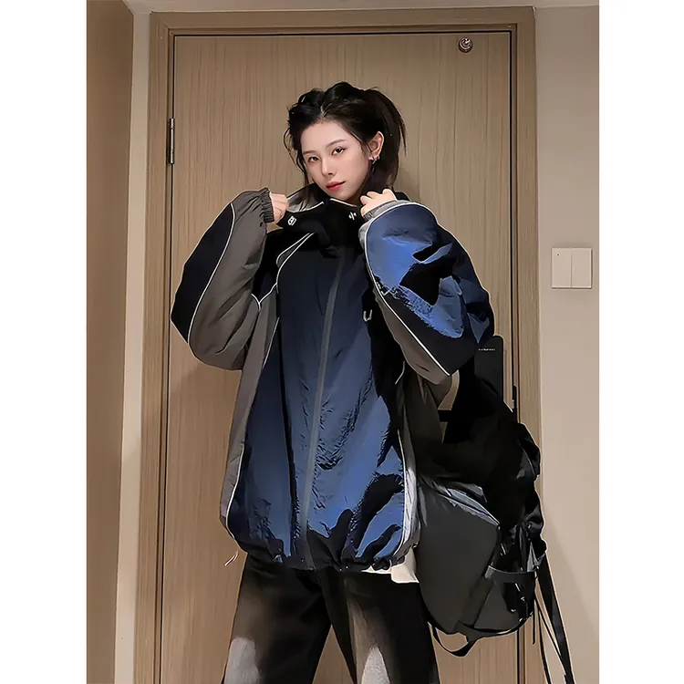 美式撞色反光条双面穿外套男款秋冬连帽拉链开衫卫衣情侣运动夹克