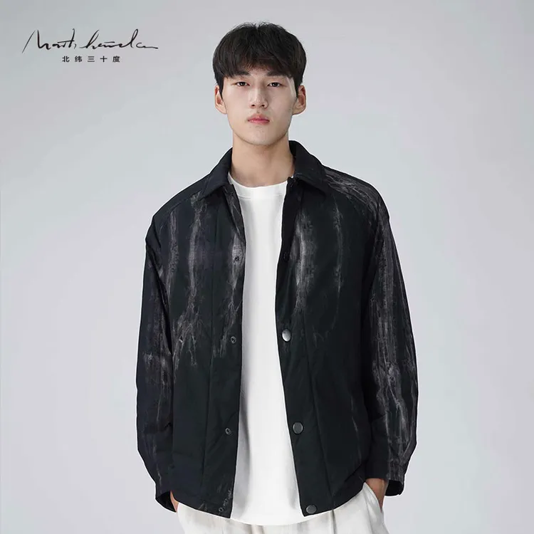 北纬三十度翻领夹克扎染螺纹男装2025冬季羽绒服宽松型百搭外套