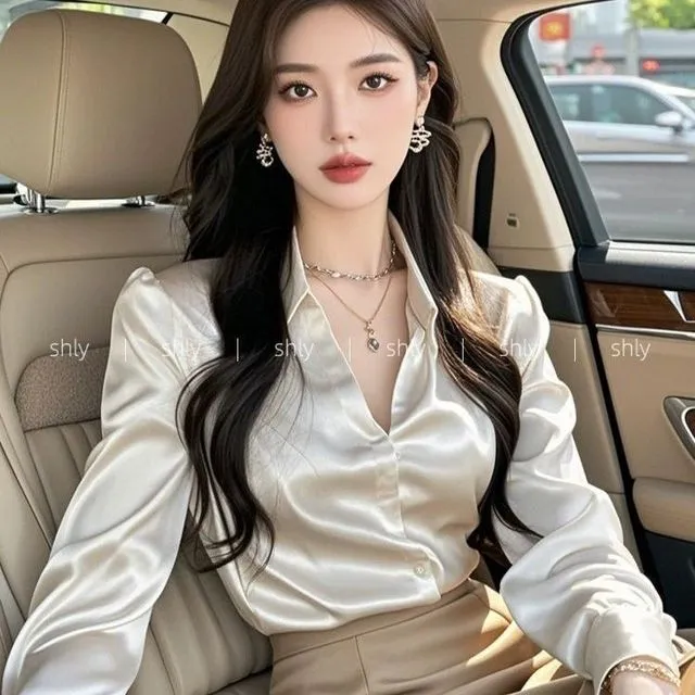 香槟色缎面长袖衬衫秋装女2025年新款高级感法式爆款初秋洋气上衣