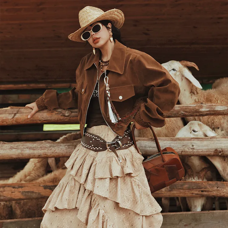 麦叙原创《暮野拾光》复古棕咖色美拉德风麂皮绒短外套夹克上衣秋