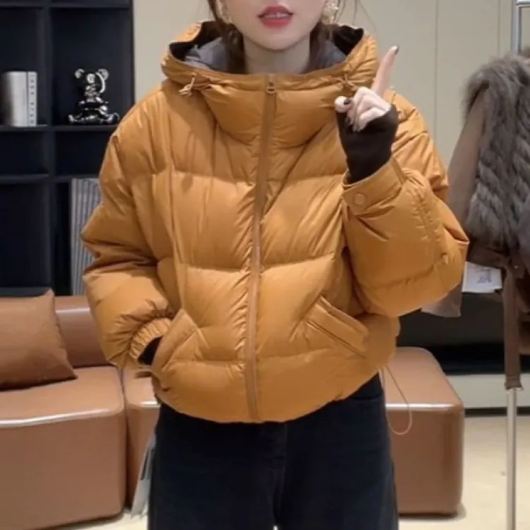 韩系时尚连帽短款长袖棉服女2025冬季新款加厚保暖宽松面包服外套