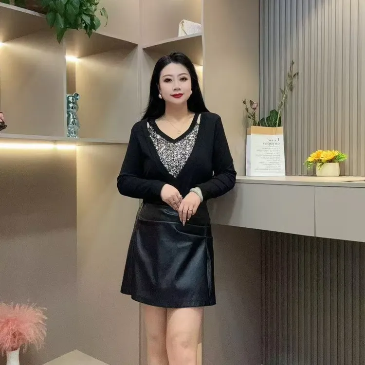 冬季磨毛小衫-千 35028 时尚亮闪潮流拼接设计款胖MM大码女装新款