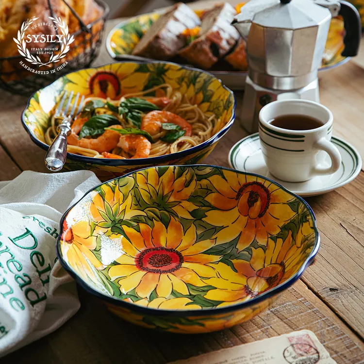 向日葵-8英寸花边深盘2个装波兰瓷釉下彩民族艺术陶瓷餐具创意
