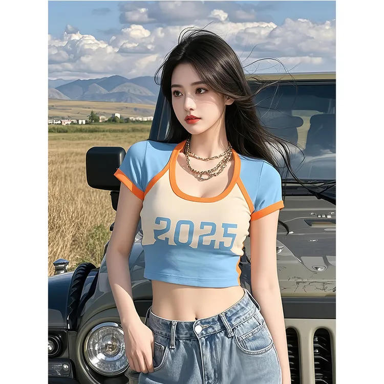纯欲风辣妹修身撞色方领短袖T恤女2025夏季新款高腰露脐短款上衣