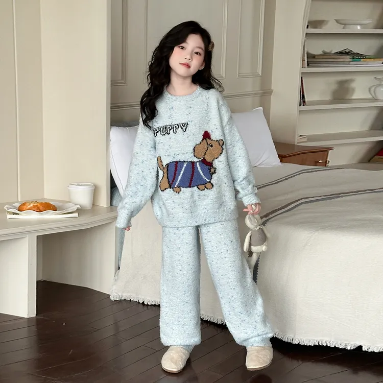 女童半边绒家居服柔软亲肤2025新款中大童甜美休闲毛绒睡衣两件套